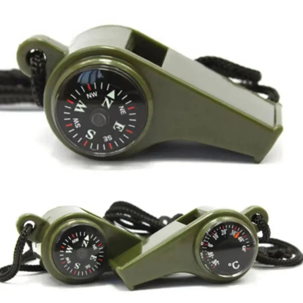 3in1 outdoor emergency whistle with compass and thermometer, olive green with black cord by Simples Market