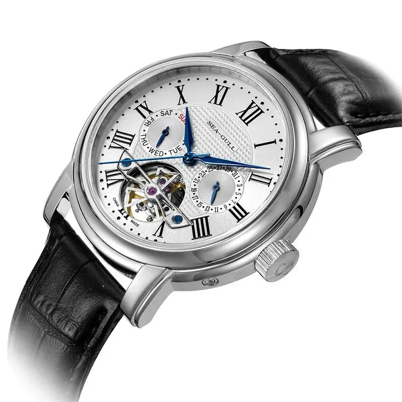SEAGULL luxury mechanical men's watch with stainless steel case, black leather strap, blue hands, open-heart dial