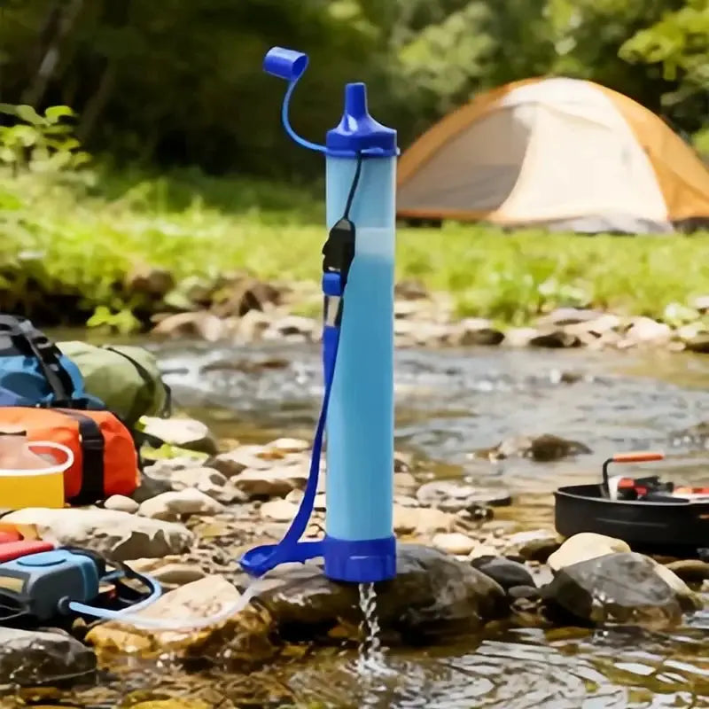 Simples Market Portable Emergency Survival Water Filter Straw, blue, for camping and hiking.