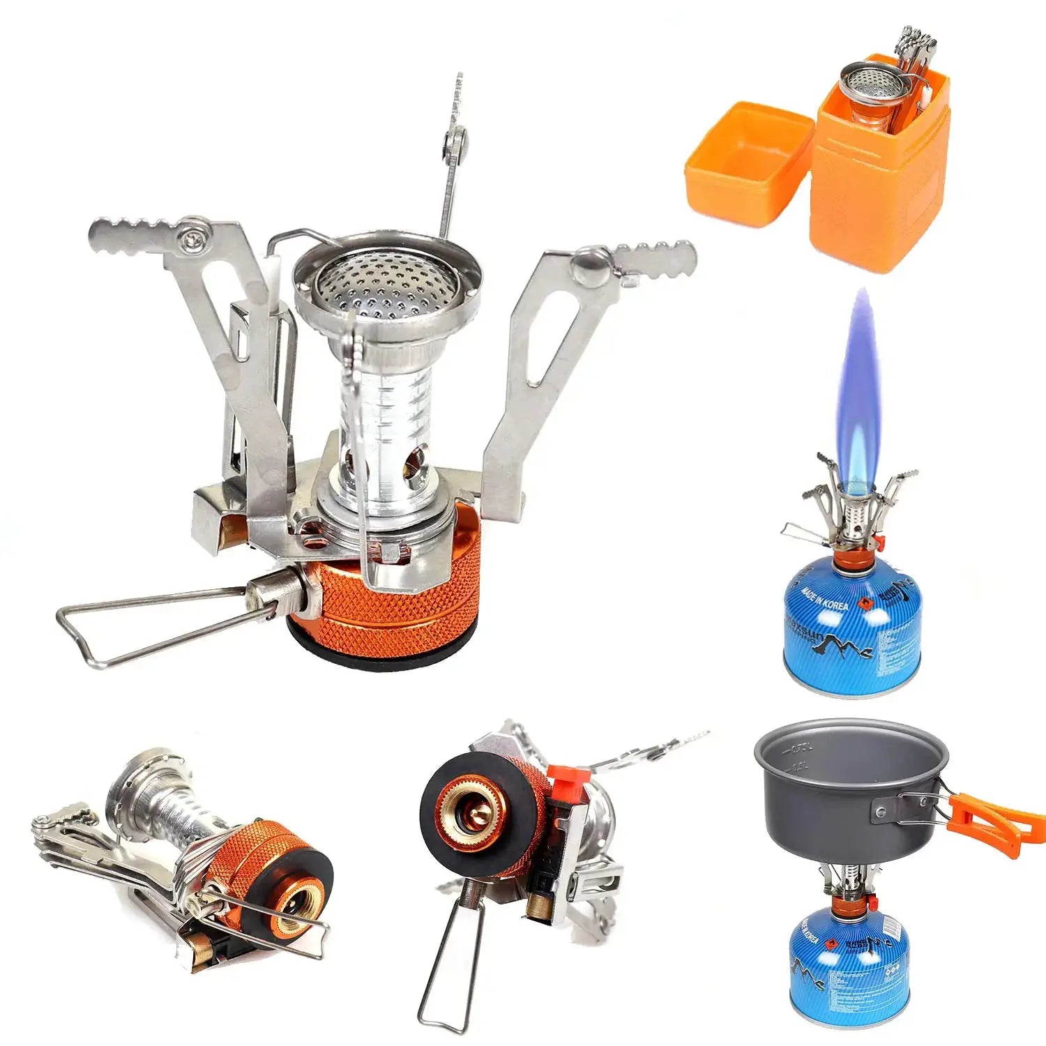 Simples Market Pandatour portable all-in-one camping stove with converter, orange base and blue gas canister