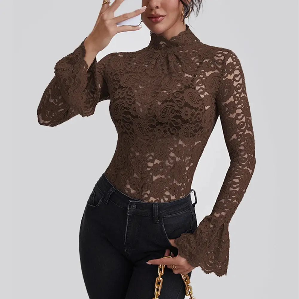 Anfilia brown lace blouse with turtle neck, long sleeves, hollow-out crochet, slim-fit