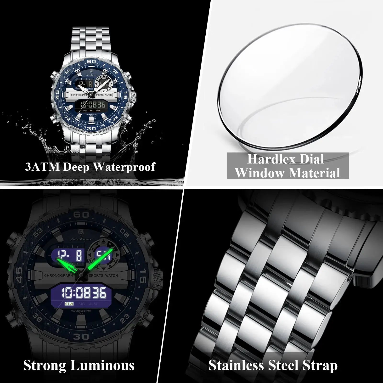POEDAGAR electronic fashion men's wristwatch with stainless steel strap, LED luminous display, dual time and week/date