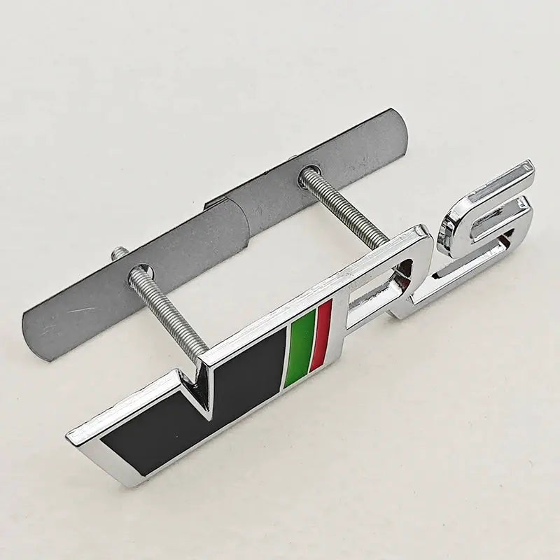 3D metal RS badge emblem for Skoda car front grille, chrome finish, with mounting bolts and tri-color stripe