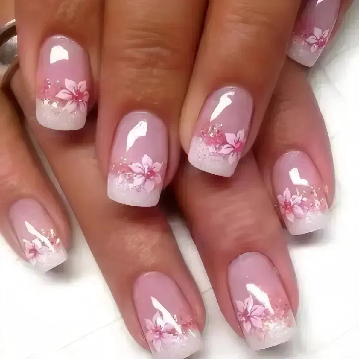 GlamNail Pro 24Pcs Short Square Coffin Press On Nails Set With Glue French Glitter Ballet Style