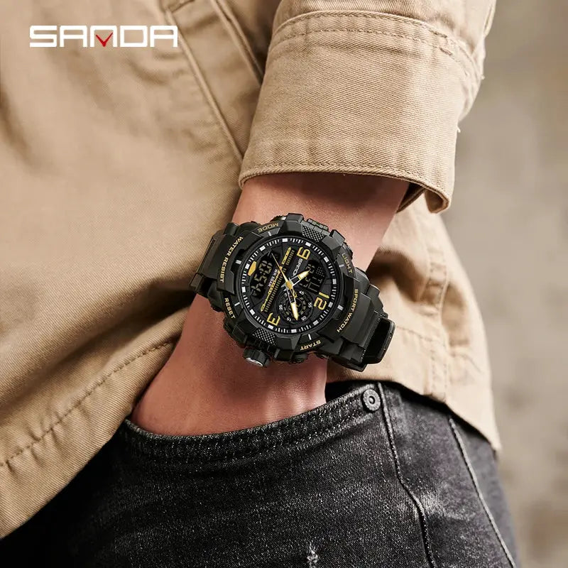 SANDA 6130 dual-display men's watch, black rugged sport watch with LED digital and analog display, waterproof