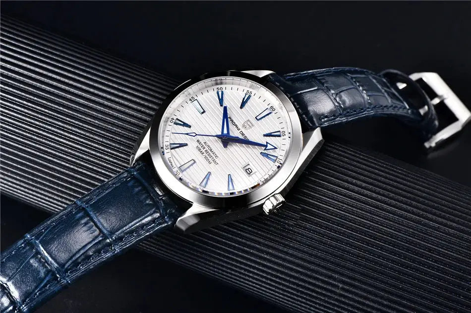 Pagani Design A150 40mm men's automatic watch with stainless steel case, white dial, blue hands and blue leather strap