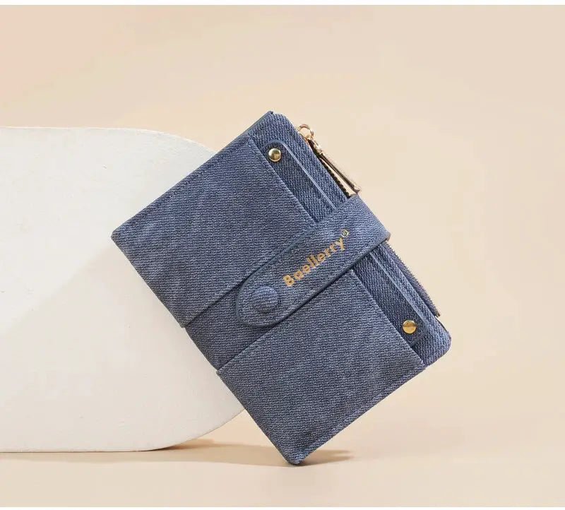 Baellerry blue denim short wallet with zipper coin pocket and detachable card clip