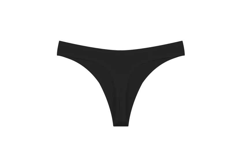 Seamless cotton thong underwear, black, low-rise with thin straps and T-back design
