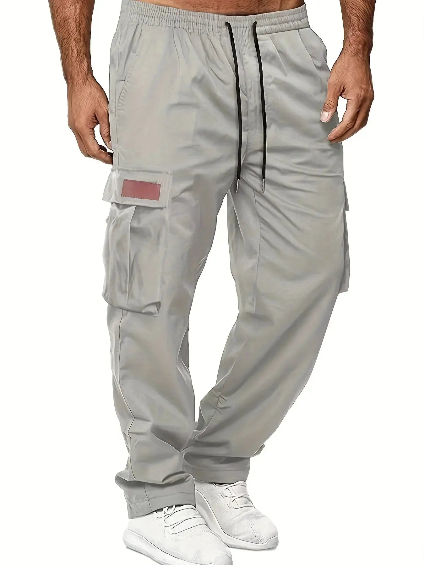 Men's cargo work pants in light gray with drawstring waist and multiple pockets.