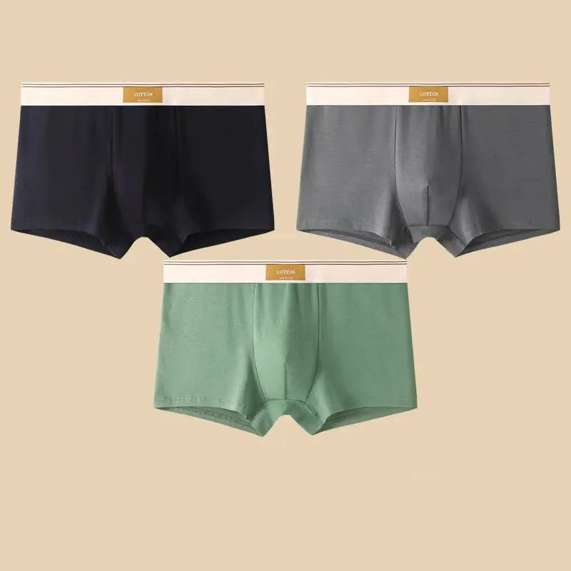 Men's cotton boxer shorts, 3-pack, by Simples Market in navy, gray, and green