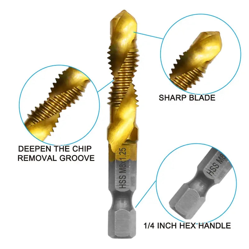 Six Piece HSS Titanium Plated Drill and Tap Set M3 to M10 Hex Shank Integrated Tap Tool with Hole Chamfer