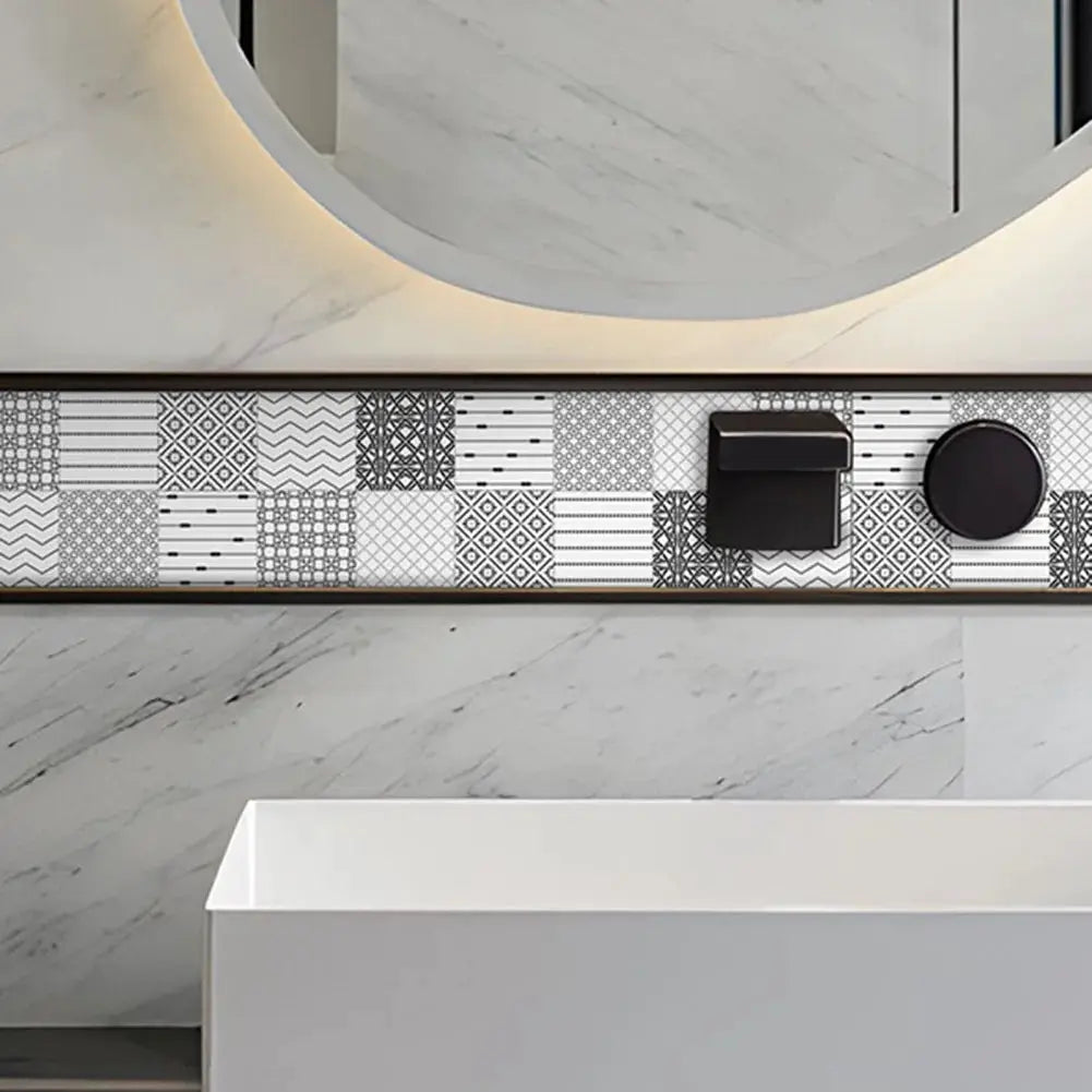 Self-adhesive waistline decorative wall strip with black-and-white geometric pattern, waterproof bathroom skirting