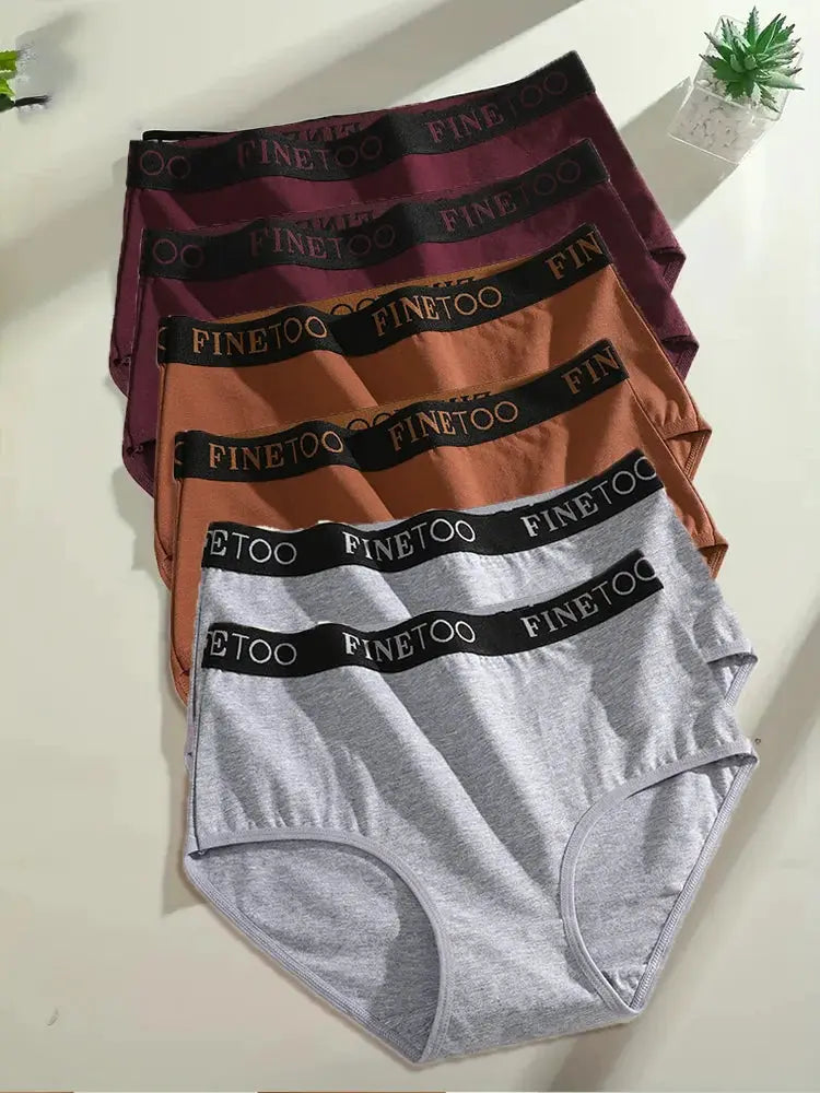 Finetoo 6-pack seamless cotton low-rise women’s briefs with black FINETOO waistband in assorted colors