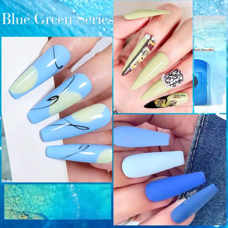 12-piece gel nail polish set collage in blue and pastel green with decorative nail art designs.