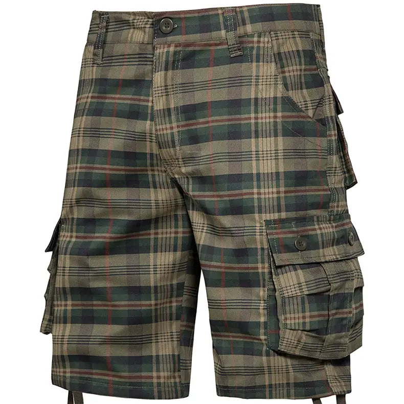 Men's plaid cargo shorts in green and tan check, cotton summer shorts with loose straight fit and cargo pockets