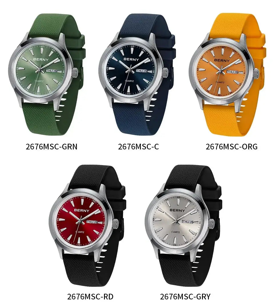 BERNY men's quartz watches set: five stainless steel-cased, silicone straps in green, navy, orange, red, gray.