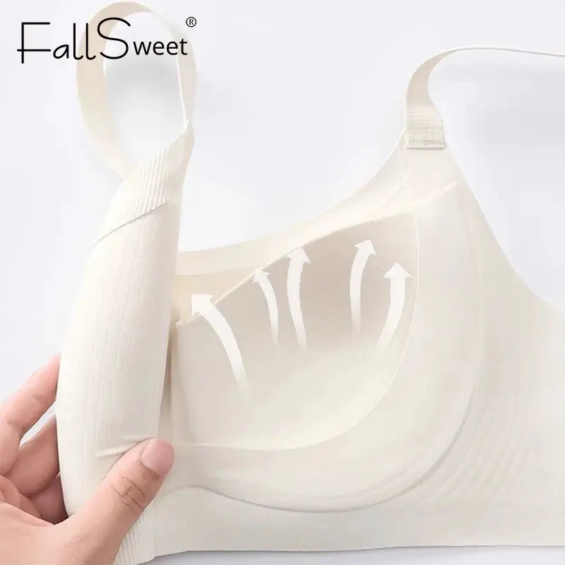 FallsSweet seamless bra; beige wireless full-cup with soft breathable comfort