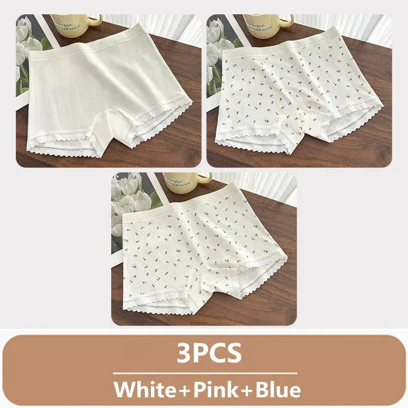 3PCS women's mid-waist lace boxer panties set in white with pink and blue patterns