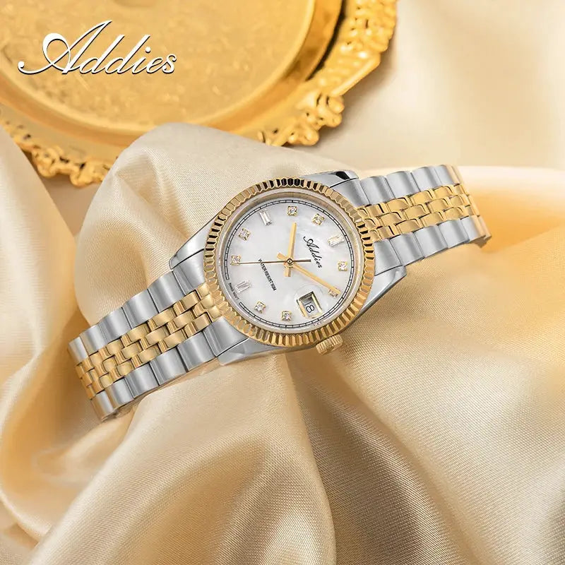 Addies luxury women's watch, 28mm two-tone stainless steel bracelet with gold bezel, white dial with diamond markers