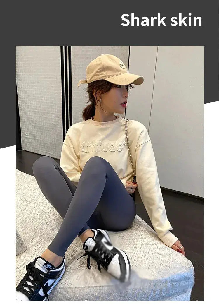 Women's shark-skin gray high-waisted leggings for fitness, slim-fit with elastic waist