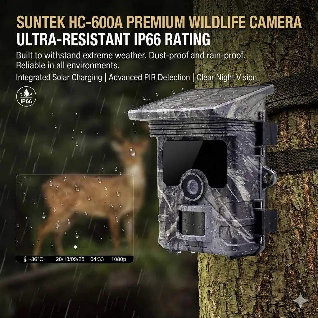 Solar Wildlife 50MP 4K Trail Camera in camo, mounted on a tree with night vision and waterproof IP66 for hunting