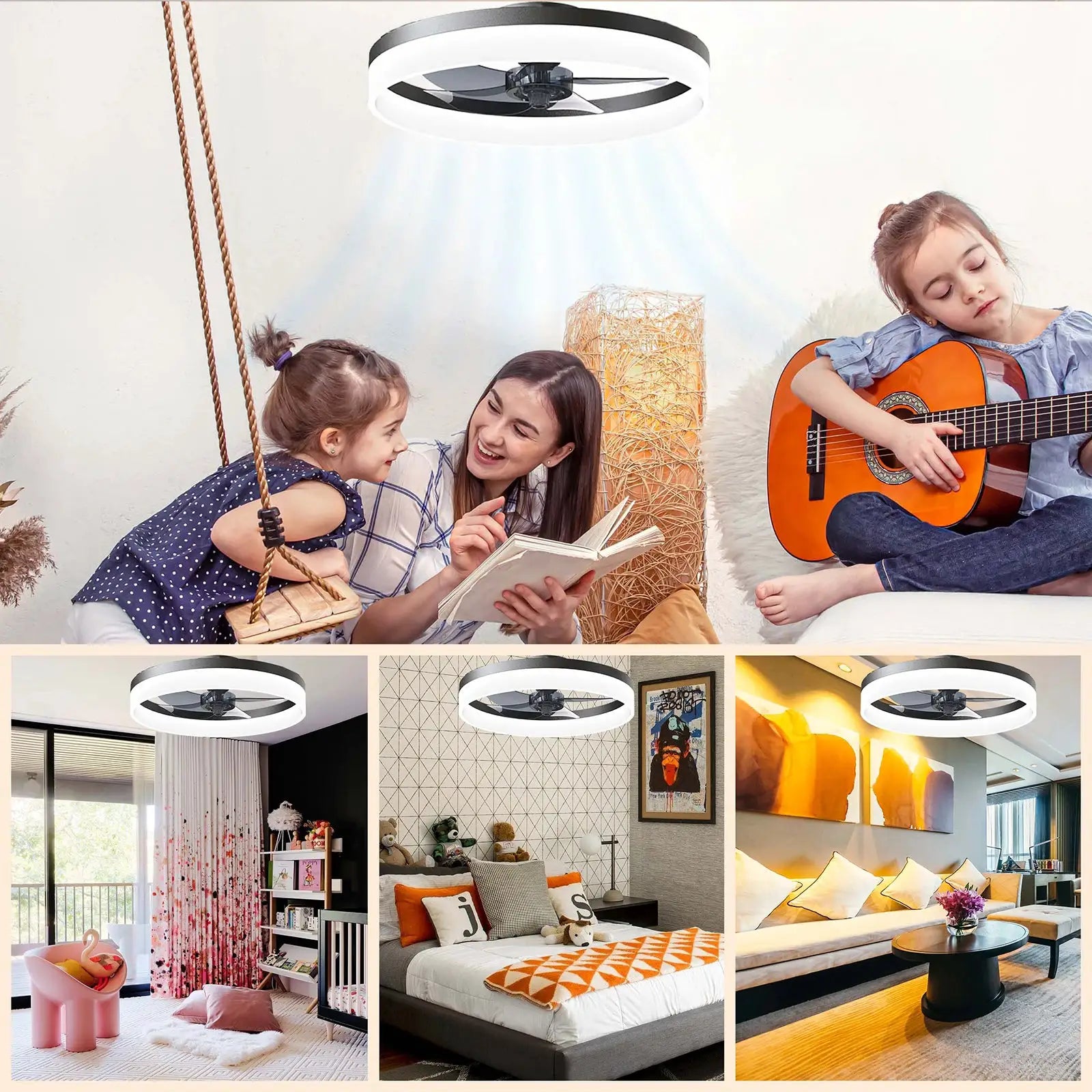 LED ceiling fan light with remote from Simples Market; white circular chandelier fan.