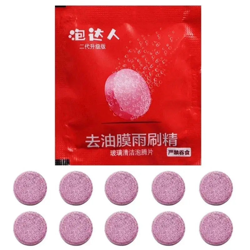 Car windshield cleaner effervescent tablets, pink round tablets, 10 pcs in red pouch