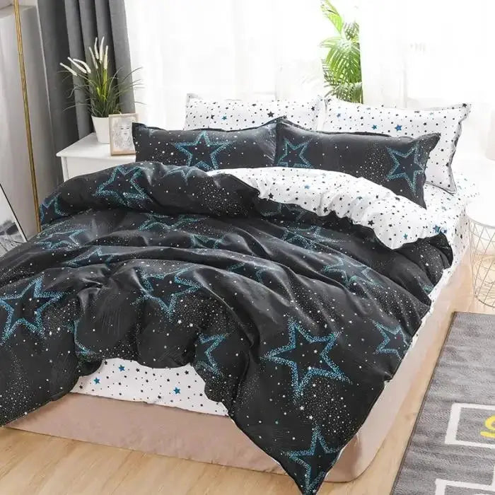 Simples Market four-piece skin-friendly cotton bedding set with black star-pattern duvet cover and white star sheets