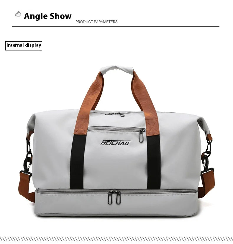 Large capacity travel gym bag in light gray nylon with tan top handles, detachable crossbody strap, black side straps, front logo