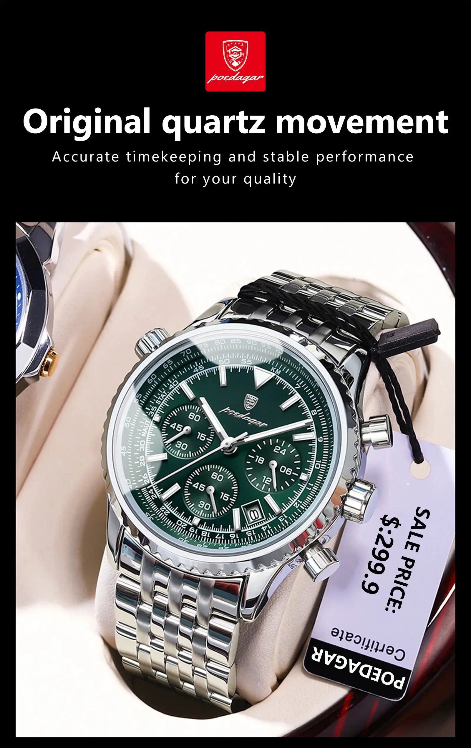POEDAGAR men's stainless steel chronograph watch with green dial and date function