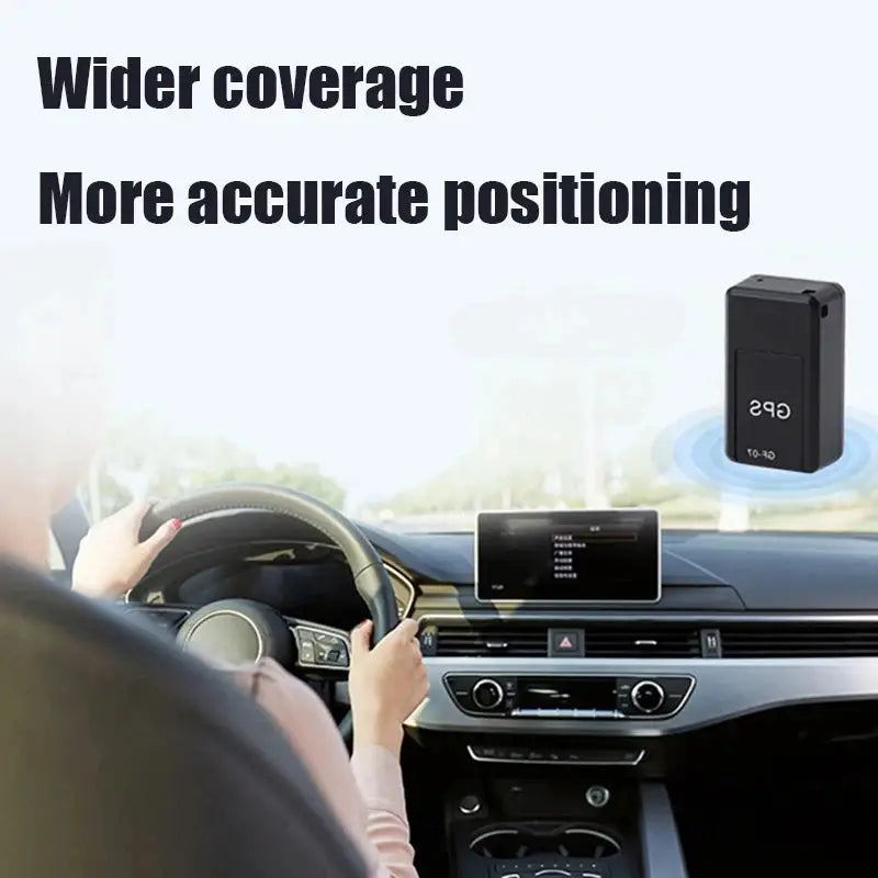 GF07 magnetic mini GPS tracker by Simples Market for real-time vehicle and pet tracking, compact black device in car.