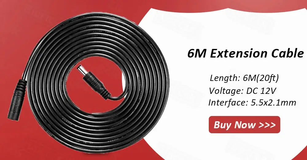 6M extension cable, black and coiled; DC 12V, 5.5x2.1mm interface.
