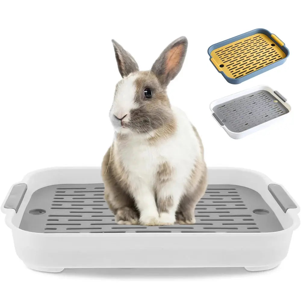 Simples Market rabbit litter box for small pets; white base with grey perforated tray.