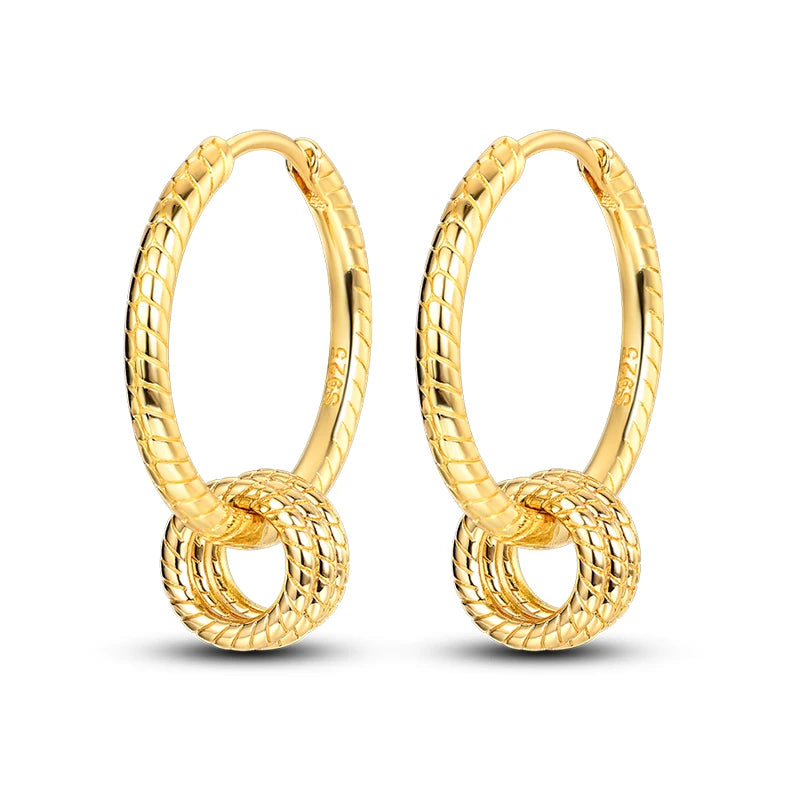 Gold-tone 925 silver hoop earrings with textured rope design, pair