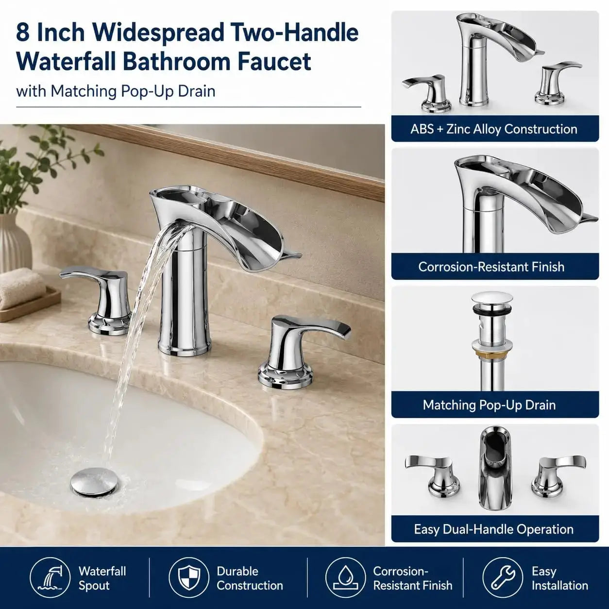 Simples Market brushed nickel waterfall bathroom faucet with dual handles, 4in centerset, 3-hole deck-mount, pop-up drain