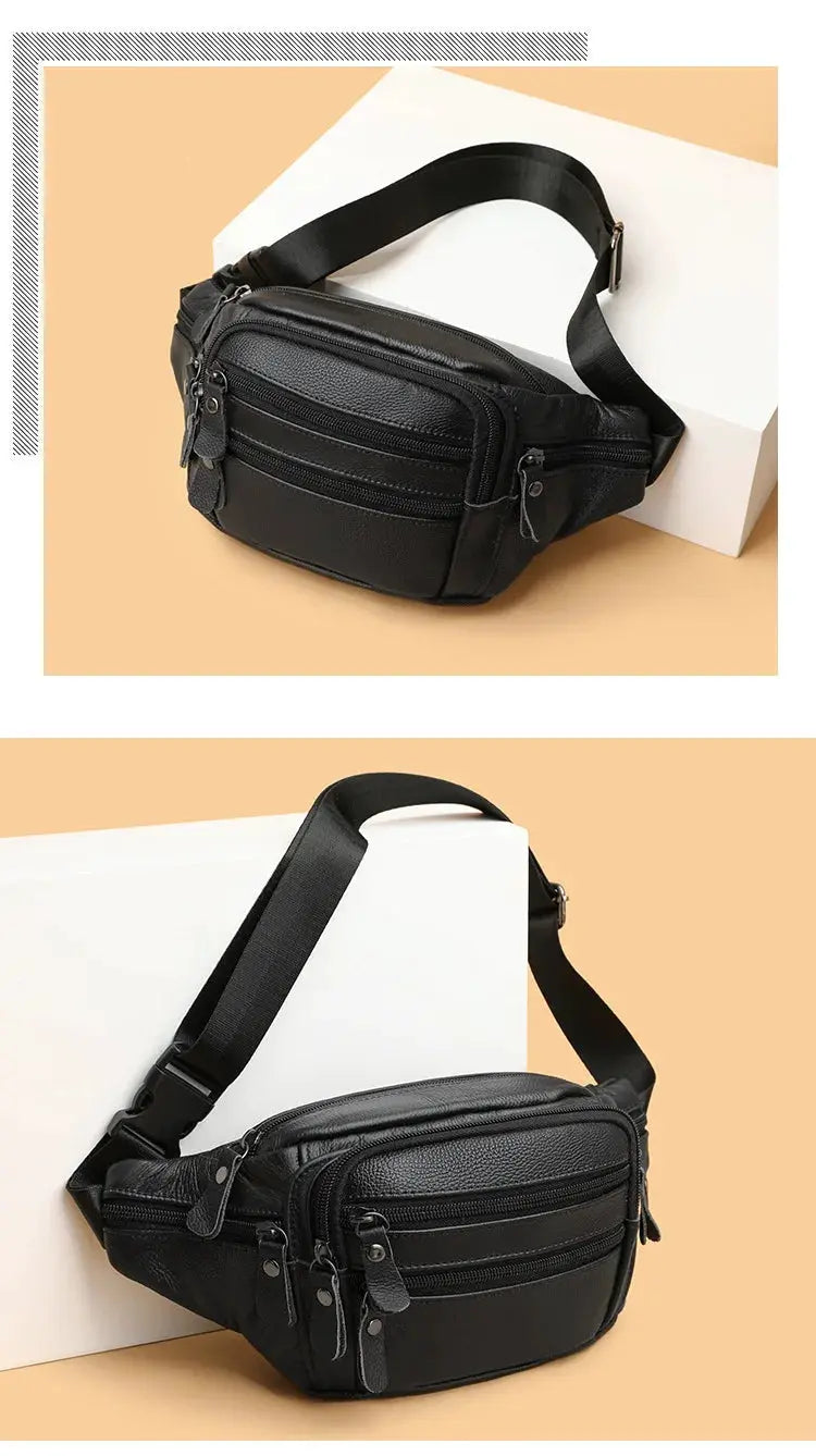 Men's black genuine leather fanny bag with multiple zip compartments and adjustable strap