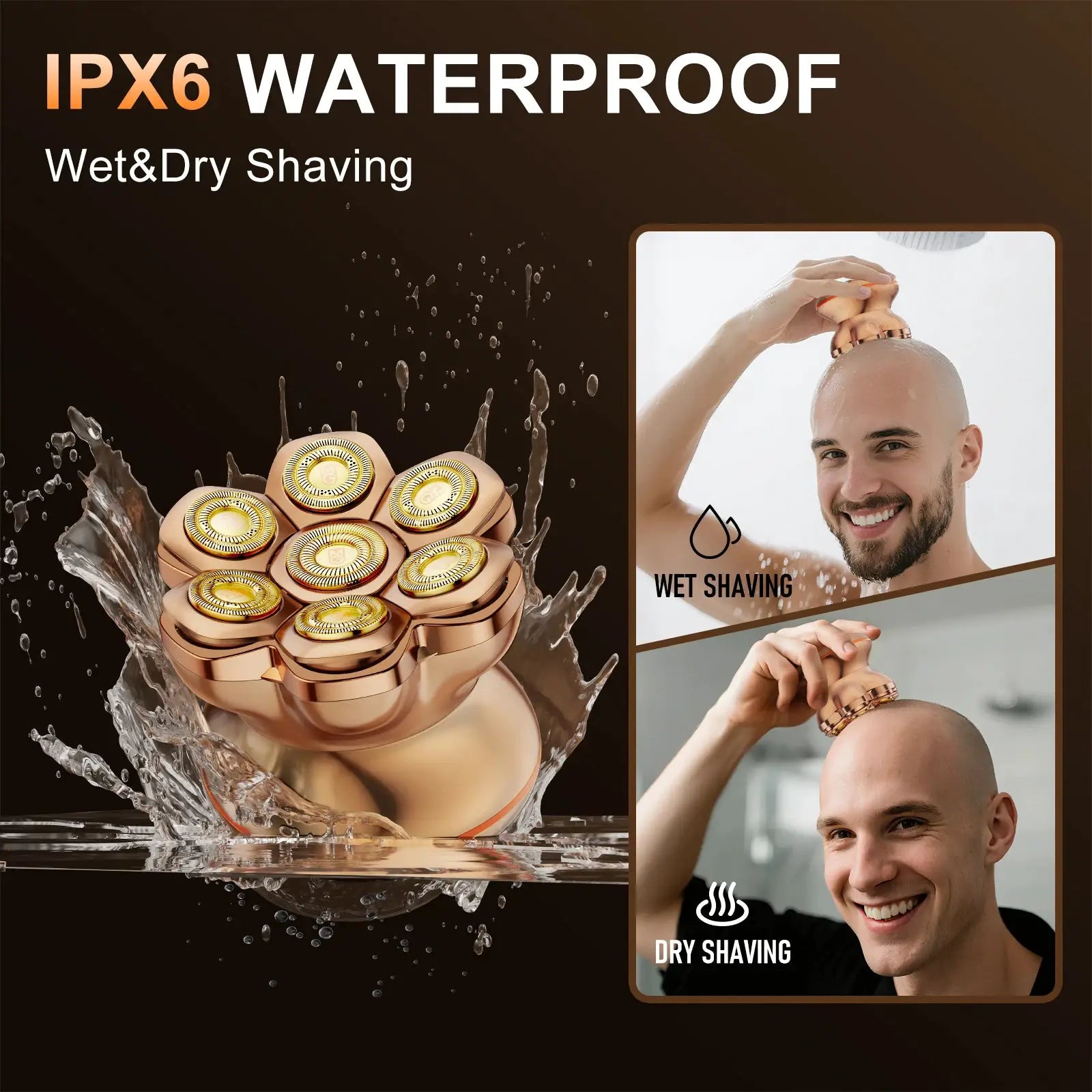MAXGROOM Head Shaver Pro for Bald Men by Simples Market, gold rotary razor with IPX6 waterproof for wet and dry shaving