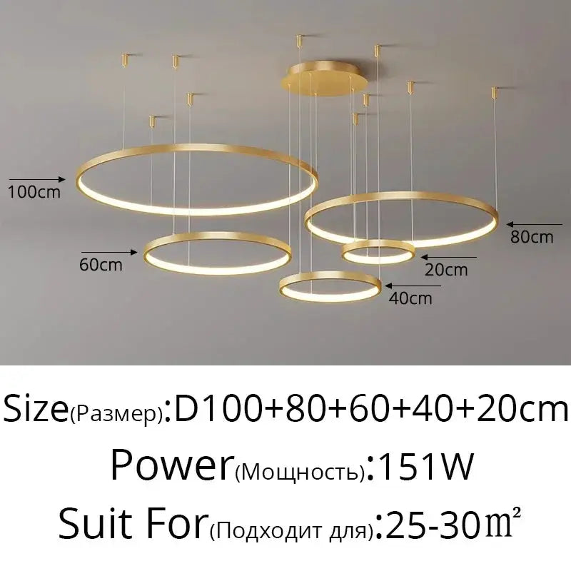 Minimalist LED pendant lights: five gold ring pendants suspended from the ceiling