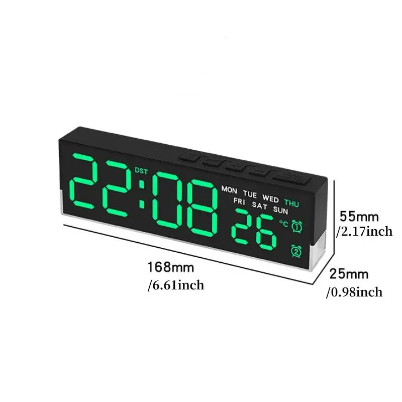 USB powered digital alarm clock by Simples Market with green LED display, weekday indicators and temperature readout