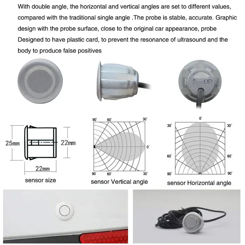 Simples Market 8 Parktronic parking sensor kit for front and rear car backup radar with cables.