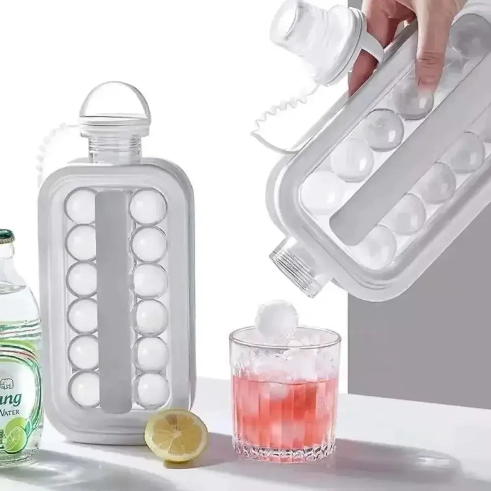 Portable 2-in-1 folding ice maker water bottle by Simples Market, clear plastic ice cube mold.