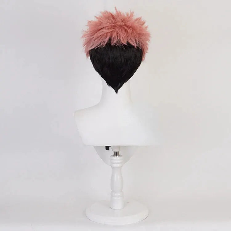 Cosplay wig Itadori Yuji, short rose-pink high-temp silk with inner mesh cap on display stand