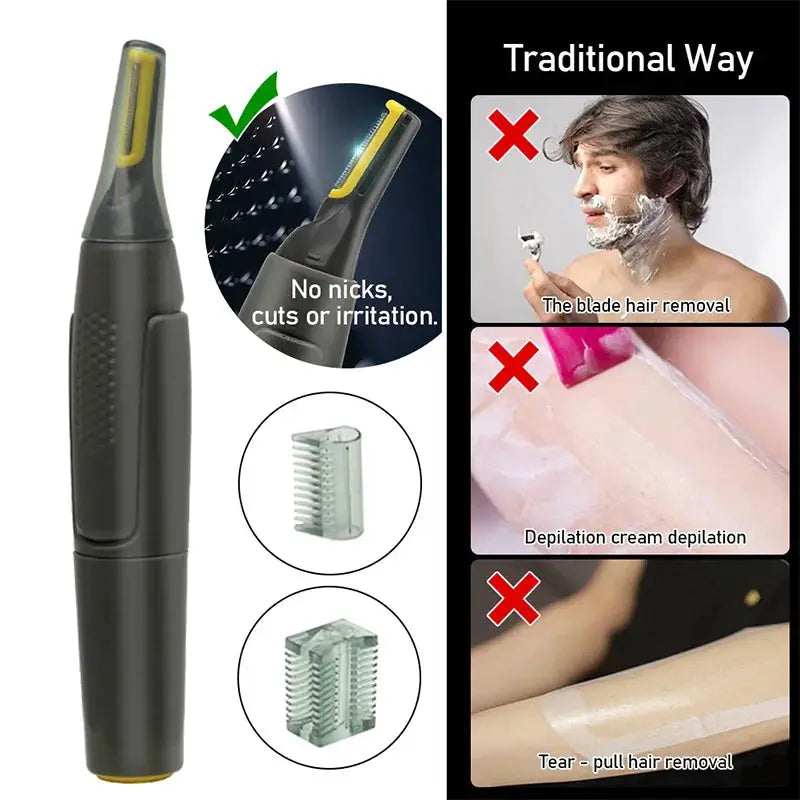Nose ear face trimmer by Simples Market, black handheld electric grooming tool with yellow trimming guard.