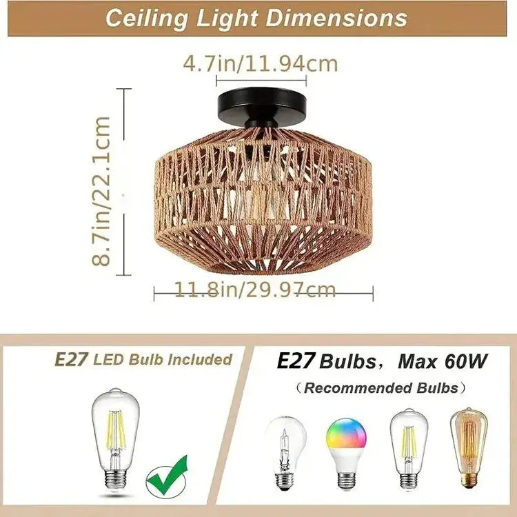 Natural bamboo ceiling chandelier by Simples Market, handwoven rattan pendant light with E27 bulb included
