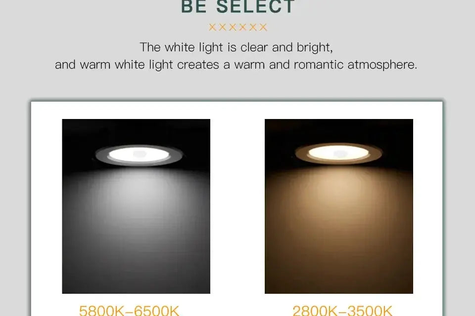 PIR motion sensor LED downlight by Simples Market; two lights show cool white and warm white
