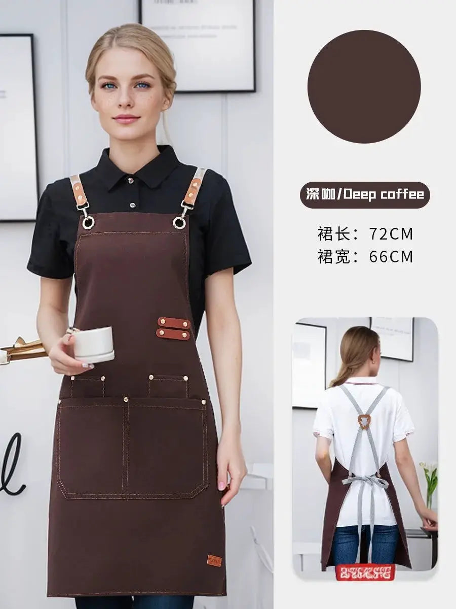 Waterproof kitchen apron by Simples Market in deep coffee brown with front pockets and leather straps
