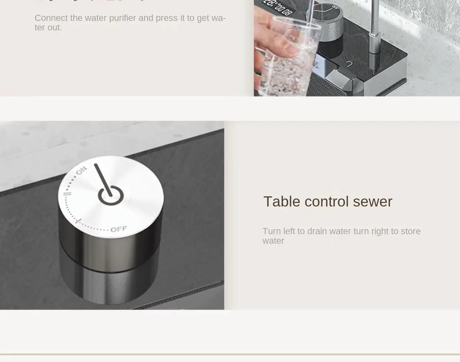 Integrated waterfall kitchen sink with honeycomb technology, stainless steel finish, digital display and soap dispenser