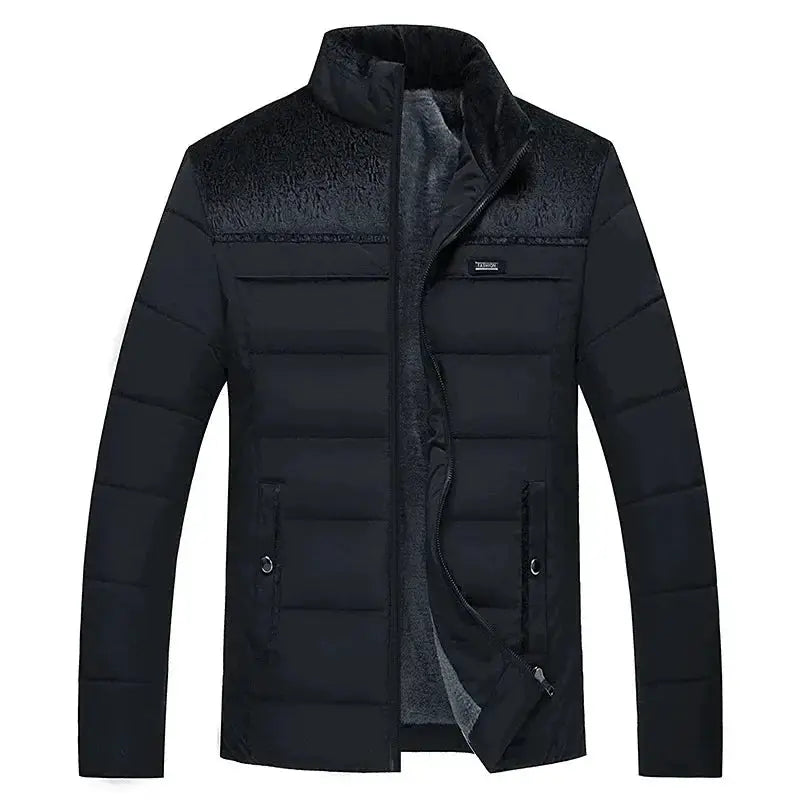 Puffer jacket men's black by Simples Market with stand collar, quilted padding, zip front and side pockets.