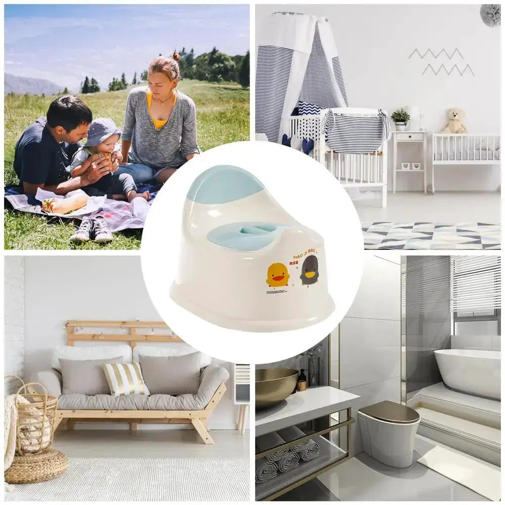 Toddler potty seat by Simples Market; lightweight, spill-proof, white with light blue lid for children.