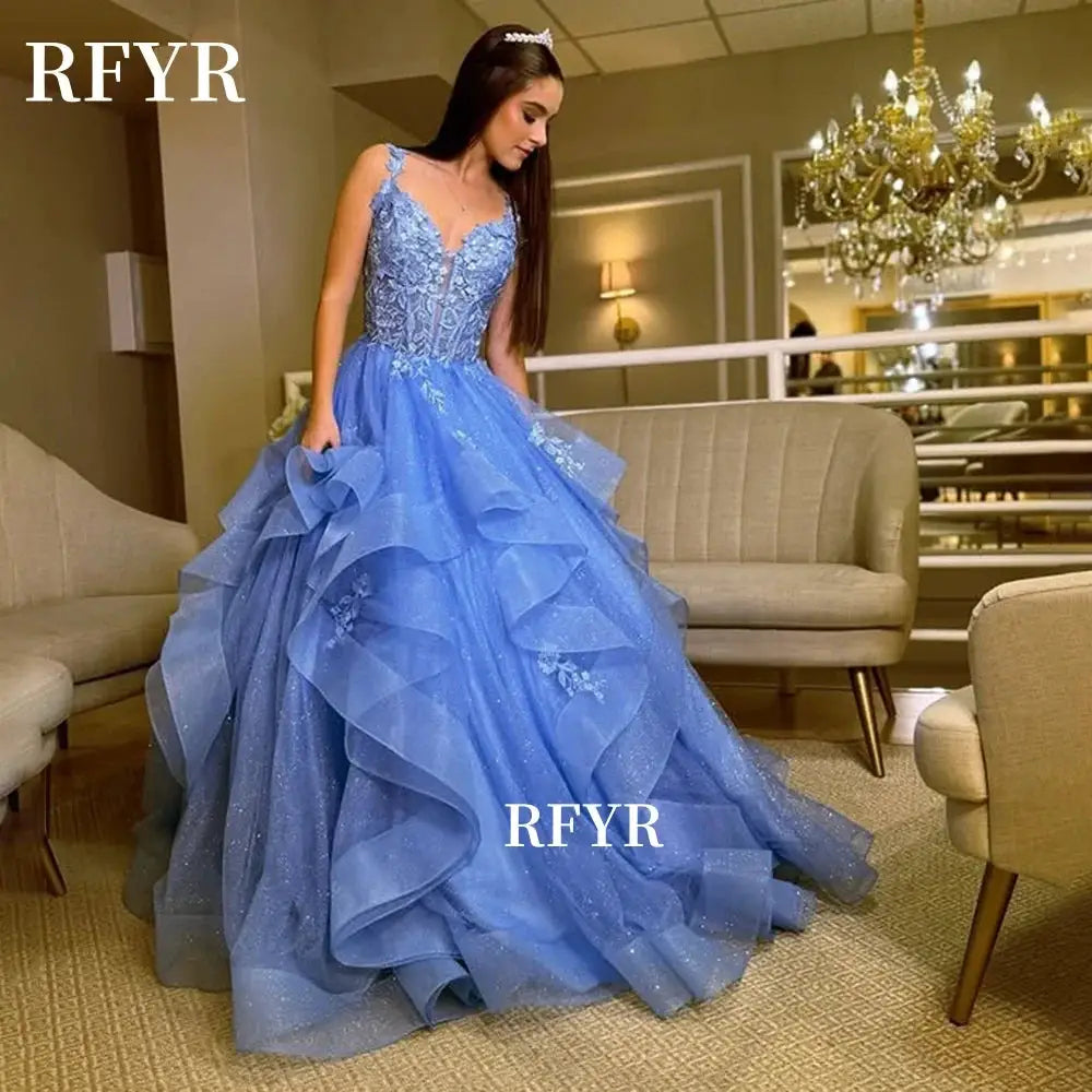 Elegant A Line Lace Evening Dress Prom Style Multilayer Gown Applique